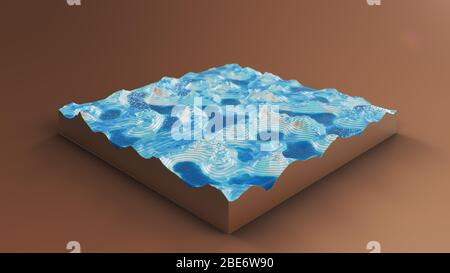 Querschnitt topografische 3D-Karte mit Wasser. Konturlinien auf einer topografischen Karte. Studium der Geographie der Gegend: Hügel, Berge und Ebenen Stockfoto