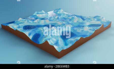 Querschnitt topografische 3D-Karte mit Wasser. Konturlinien auf einer topografischen Karte. Studium der Geographie der Gegend: Hügel, Berge und Ebenen Stockfoto