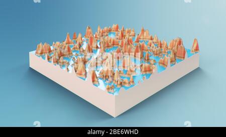 Topografische 3D-Schnittplan. Konturlinien auf einer topografischen Karte. Studium der Geographie der Gegend: Hügel, Berge und Ebenen. Kartografiekarte Stockfoto