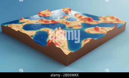 Querschnitt topografische 3D-Karte mit Wasser. Konturlinien auf einer topografischen Karte. Studium der Geographie der Gegend: Hügel, Berge und Ebenen Stockfoto