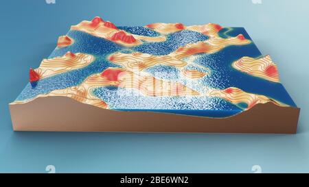 Querschnitt topografische 3D-Karte mit Wasser. Konturlinien auf einer topografischen Karte. Studium der Geographie der Gegend: Hügel, Berge und Ebenen Stockfoto