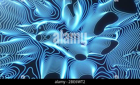 Abstrakte topografische 3D-Karte von gefährlichem Berggelände. Neon-Konturlinien auf der Karte leuchten. Studium der Geographie der Gegend: Hügel, Berge Stockfoto