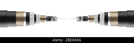 Das Konzept des Glasfaserkabels auf weißem Hintergrund isoliert. Zukünftige Kabeltechnologie. Detaillierte gebogene Kabel im Querschnitt. Leistungsstarke Kommunikation Stockfoto