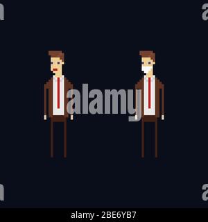 Pixel Art Vektor-Charakter - Cartoon männlichen Büroarbeiter trägt eine braune Suite, rote Krawatte und eine medizinische Schutzmaske. Isolierte 8-Bit-Darstellung Stock Vektor