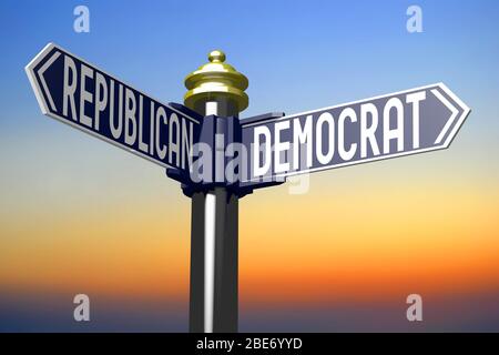 3D Illustration/ 3D Rendering - Crossroads Konzept - Demokrat oder Republikaner Stockfoto