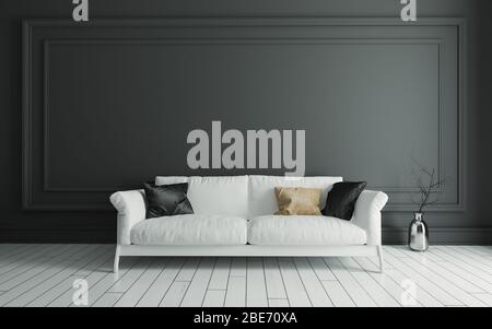 Weißes Stoff Sofa auf weißem Holzboden und schwarzem klassischen Rahmen Wand Hintergrund realistische 3D-Rendering Stockfoto
