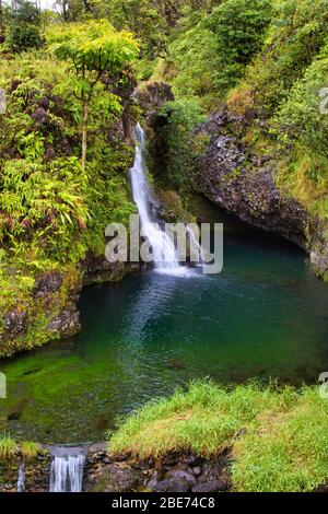Schnell fließender Wasserfall im Regenwald auf der Straße nach hana auf Maui. Stockfoto