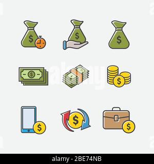 Trendy flaches Icon Pack für Designer und Entwickler. Symbole für Geld, Investitionen, Finanzen, Banken, Versicherungen, Finanzierung und Zahlung, für Websites und mobile Websites und Apps. Stock Vektor