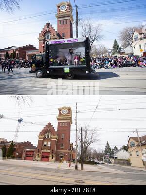 Toronto. April 2020. Combo Foto zeigt die Queen Street East am Ostersonntag mit der traditionellen Parade am 20. April 2014 (oben) und die verlassene Straße am 12. April 2020 in Toronto, Kanada. Die jährliche Toronto Easter Parade wurde am Sonntag abgesagt, um die Verbreitung von COVID-19 in diesem Jahr zu reduzieren. Kredit: Zou Zheng/Xinhua/Alamy Live News Stockfoto