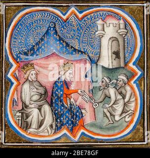 Philippe Auguste und Richard Coeur de Lion erhalten die Schlüssel zu Acre (1191). Beleuchtung aus den Grandes Chroniques de France, um 1375-1380. Stockfoto
