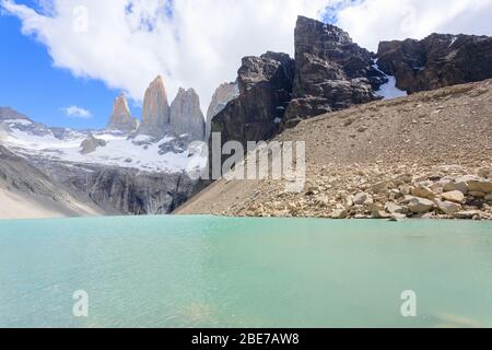 Base Las Torres Aussichtspunkt, Torres del Paine, Chile. Chilenischen Patagonien Landschaft. Stockfoto