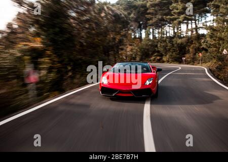 Rote Super-Modell Auto in der Dunkelheit auf dem Wald, fahren geschwungene Straßen Stockfoto