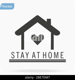 "Stay at home"-Schriftzug mit einem Dachherz und einer Familie im Inneren. Schutzkampagne oder Maßnahme gegen Coronavirus, COVID 19. Bleiben Sie zu Hause, schützen Sie sich Stock Vektor