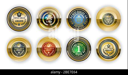 Goldenes Abzeichen für Etiketten. Set aus goldenen Lorbeer Moderne Abzeichen für Zertifikate auf weißem Hintergrund. Stock Vektor
