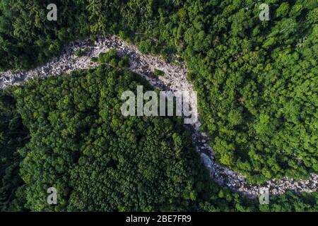 Grüne Natur landschaftlich Regenwald mit Kurve des Flusses Sonnenaufgang aus der Luft Stockfoto