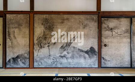 Tuschenmalerei auf einem Fusuma, von Kaiho Yusho, Kennin-ji-Tempel, Higashiyama, Kyoto, Japan Stockfoto