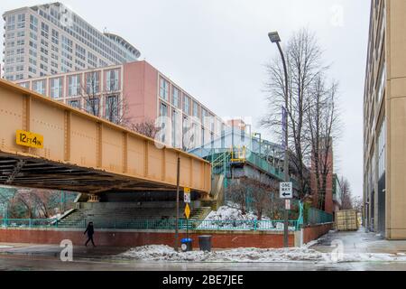 Snowy Day Downtown Evanston Illinois Stockfoto