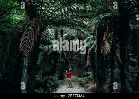 7/3/2020 Asiatische Frau nehmen Bilder innerhalb Mitai Maori Village, Neuseeland. Stockfoto