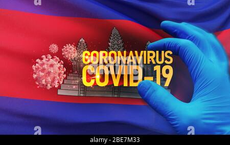 Coronavirus COVID-19 Outbreak-Konzept, gesundheitsgefährdendes Virus, Hintergrund schwenkende Nationalflaggen Kambodschas. Pandemie stoppt den neuartigen Ausbruch von Coronavirus Stockfoto