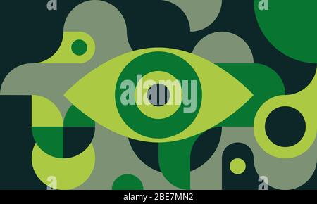 Funky Hintergrund im bauhaus-Stil mit Auge, Kurven und Kreisen, grüne Retro-Poster mit geometrischen Formen im Stil der 80er Jahre, Mode Vektor minimal Muster. Stock Vektor