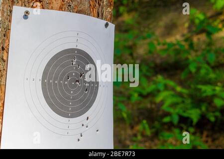 Ziel im Bindestrich. Schießen aus einer Waffe. Ziele mit Einschusslöchern im Armaturenbrett. Stockfoto