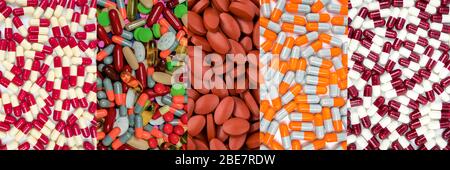 Vitamine und Nahrungsergänzungsmittel. Bunt von Pillen. Viele Kapseln und Tabletten Pillen. Produkte der pharmazeutischen Industrie. Konzept der Arzneimittelwechselwirkung. Apotheke Stockfoto