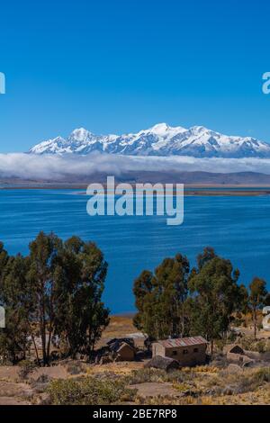 Aymaran Land mit der Cordillera Real und ihren 6.000 m hohen Gipfeln, Halbinsel Huata, Department La Paz, Bolivien, Lateinamerika Stockfoto