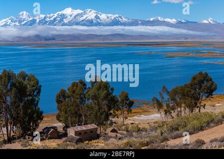 Aymaran Land mit der Cordillera Real und ihren 6.000 m hohen Gipfeln, Halbinsel Huata, Department La Paz, Bolivien, Lateinamerika Stockfoto