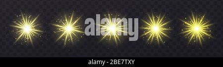 Lichtfackeln auf transparentem Hintergrund isoliert gesetzt. Gelbe Lens Fackeln, Bokeh, funkelt, glänzende Sterne Sammlung. Stock Vektor