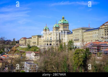 Blick von der Kirchenfeldbrücke auf das Bundeshaus, Parlamentsgebäude, Innenstadt, Bern, Kanton Bern, Schweiz Stockfoto