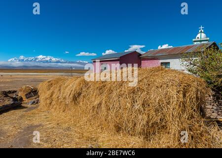 Aymaran Land mit der Cordillera Real und ihren 6.000 m hohen Gipfeln, Halbinsel Huata, Department La Paz, Bolivien, Lateinamerika Stockfoto