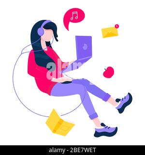 Freiberufliche Arbeit Konzept mit fliegenden Mädchen und Laptop, Buch, Nachrichten. Arbeiten zu Hause, zu Hause, Remote-Arbeit Konzept flache Stil Vektorgrafik. Schnitt Stock Vektor