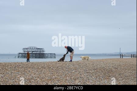 Brighton UK 13. April 2020 - Hundewanderer am Strand von Brighton an einem kalten Osterfeiertag, da die Regierungen die Beschränkungen für die Lockdown in ganz Großbritannien weiterhin einschränken. Quelle: Simon Dack / Alamy Live News Stockfoto