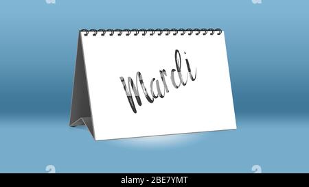 Ein Kalender für den Schreibtisch zeigt den französischen Tag der Woche Mardi (Dienstag in englischer Sprache) Stockfoto