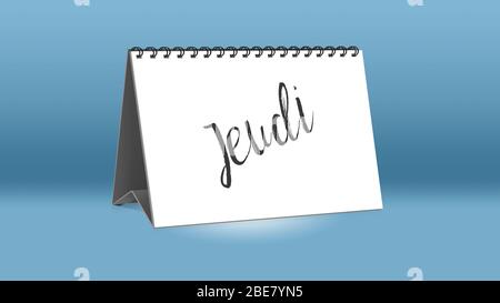 Ein Kalender für den Schreibtisch zeigt den französischen Wochentag Jeudi (Donnerstag in englischer Sprache) Stockfoto