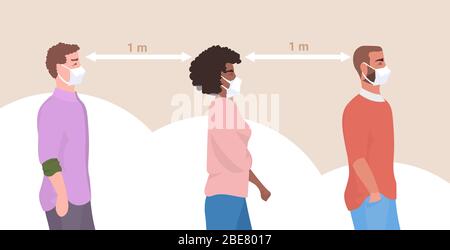Mix-Rennen Menschen tragen Gesichtsmasken Covid-19 Coronavirus Männer Frauen zu verhindern, halten 1 Meter Abstand soziale Distanzierung Gesundheitsversorgung Konzept horizontale Porträt Vektor Illustration Stock Vektor