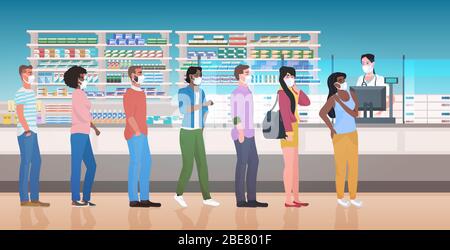 Weibliche Apotheker geben Pillen zu mischen Rennen Kunden Patienten Schlange stehen Apotheke Zähler moderne Drogerie Innere Medizin Gesundheitswesen Konzept horizontal volle Länge Vektor Illustration Stock Vektor