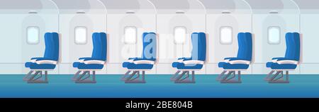 Airliner die Sitze in Reihe mit Bullaugen leer keine Menschen Flugzeug board inneren flachen horizontalen banner Vector Illustration Stock Vektor