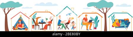 Bleiben Sie zu Hause Vektor Quarantäne Illustration mit einem Satz von Häusern mit Menschen verbringen Zeit zusammen Stock Vektor