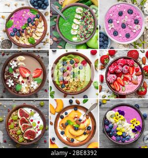 Collage aus verschiedenen Frühstücksspeisen. Schüsseln mit Smoothie, Joghurt, Müsli. Draufsicht. Quadratisches Bild. Gesunde Ernährung Lebensmittel Stockfoto