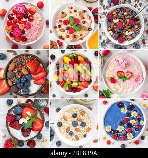 Collage aus verschiedenen Frühstücksspeisen. Schüsseln mit Haferflocken, Joghurt, Müsli, Salat, Müsli. Draufsicht. Quadratisches Bild. Gesunde Ernährung Lebensmittel Stockfoto