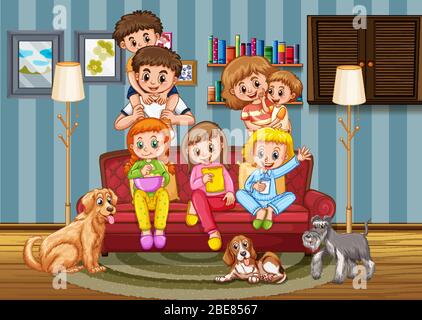 Szene mit Menschen zu Hause bleiben mit Familie Illustration Stock Vektor