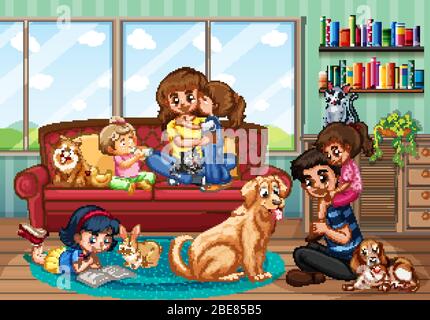 Szene mit Menschen zu Hause bleiben mit Familie Illustration Stock Vektor