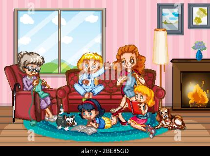 Szene mit Menschen zu Hause bleiben mit Familie Illustration Stock Vektor
