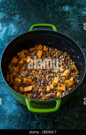 Pot gewürzte Süsskartoffelensuppe mit Zimt. Bio Gesund Vegan / Vegetarisch Veggie Food. Stockfoto