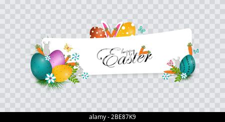 Happy easter Papier Banner mit ostereiern, osterhasen Ohren und Blumen transparenten Hintergrund Stock Vektor