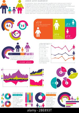 Menschen Bevölkerung Vektor-Infografiken mit Business-Charts, Diagramme und Mann Frau Symbole. Globales Wirtschaftskonzept. Darstellung der Personenpopulation und Demographie Stock Vektor