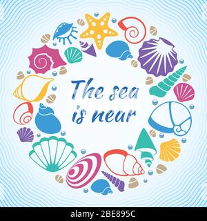 Tropisches Resort aquatisches Vektorkonzept mit Muscheln am Strand. Muschel und Seesterne, marine Souvenir Design Illustration Stock Vektor