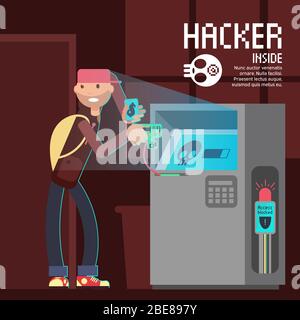 Computer-Sicherheit und Computer-Kriminalität Vektor-Konzept mit Cartoon Hacker-Charakter. Kriminalfall und Dieb atm Hacker Illustration Stock Vektor
