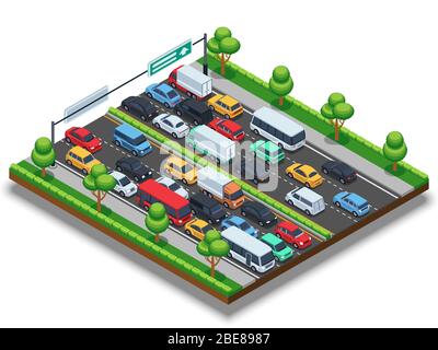 Isometrische Autobahn mit Stau. 3d-Transportvektorkonzept mit Autos und LKWs. Auto auf Autobahn in Stau Illustration Stock Vektor